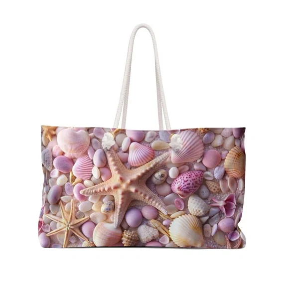 Seashell & Starfish Tote Bag – Large Beach Shoulder Bag - Picture 2 of 3